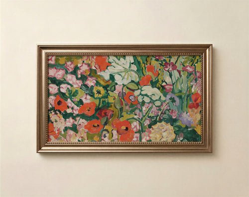 Abstract floral garden art for Frame TV in poppy red deep moss and golden ochre tones