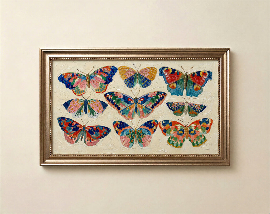 Textured colorful butterfly art for Samsung Frame TV in jewel tones on chalky linen background