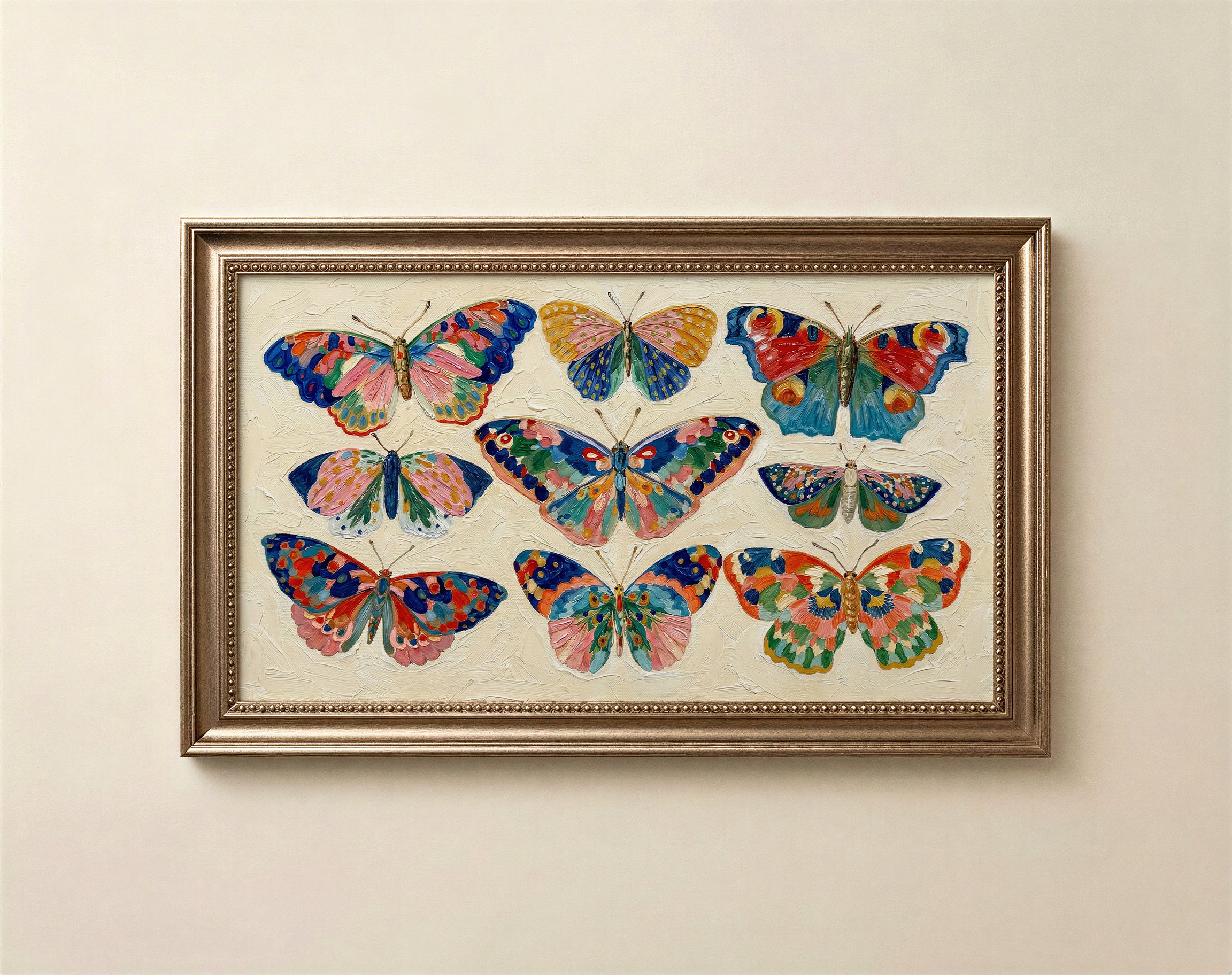 Textured colorful butterfly art for Samsung Frame TV in jewel tones on chalky linen background
