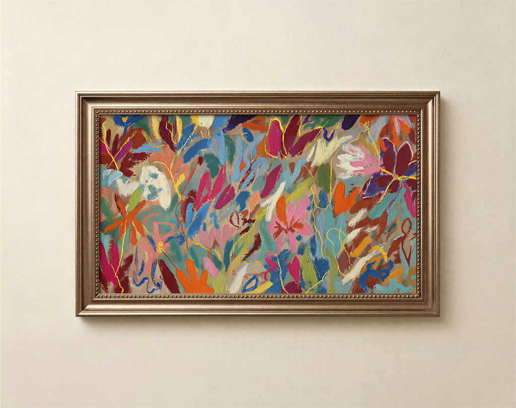 Colorful abstract floral art for Samsung Frame TV in bold maximalist brushstrokes