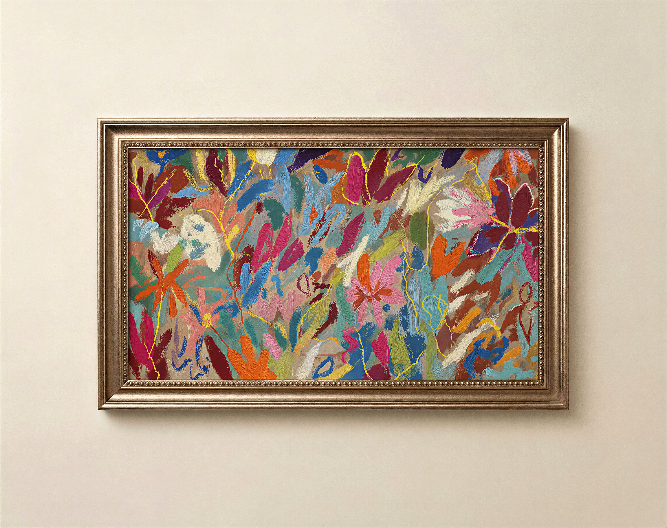 Colorful abstract floral art for Samsung Frame TV in bold maximalist brushstrokes