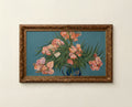 Coral floral bouquet art for Frame TV in soft coral blush and smoky teal with cobalt blue vase