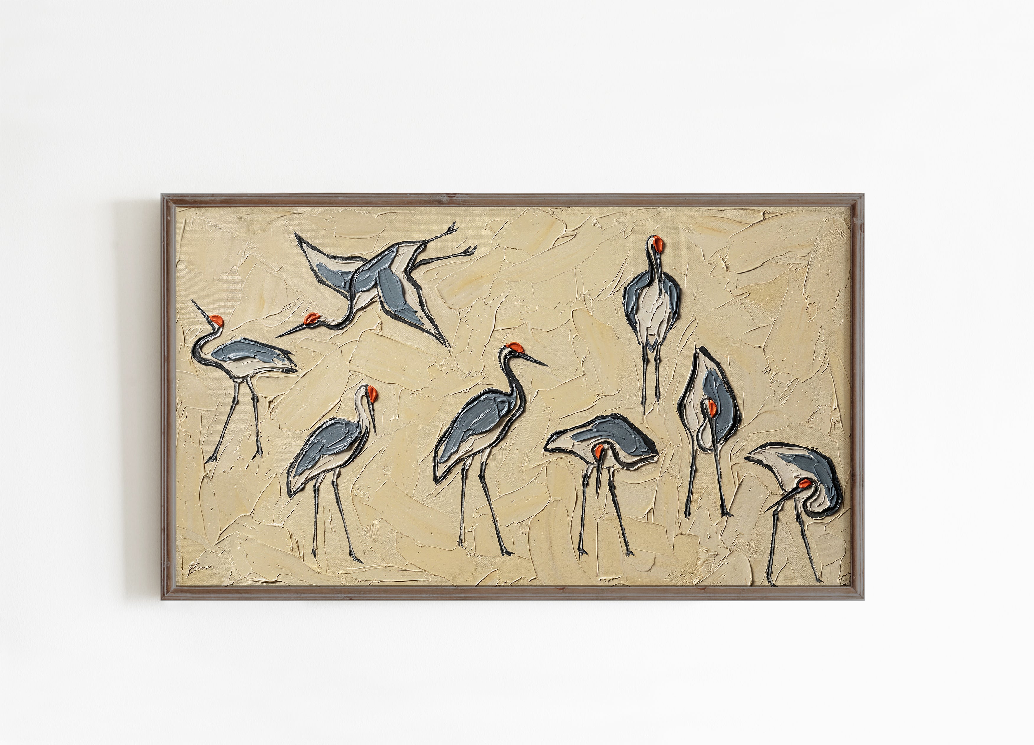 Crane Bird Frame TV Art, Neutral Tones Organic Modern