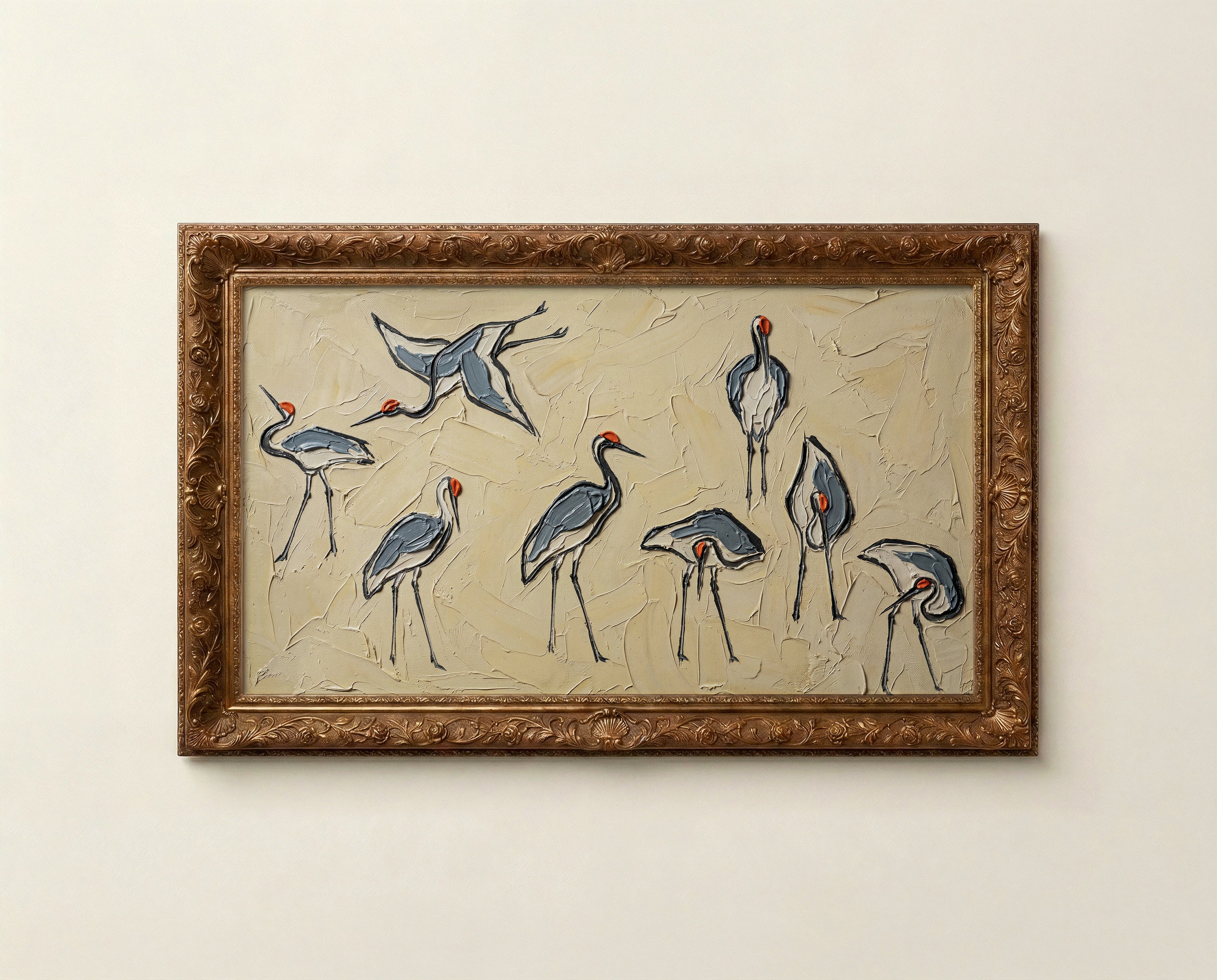 Crane Bird Frame TV Art, Neutral Tones Organic Modern