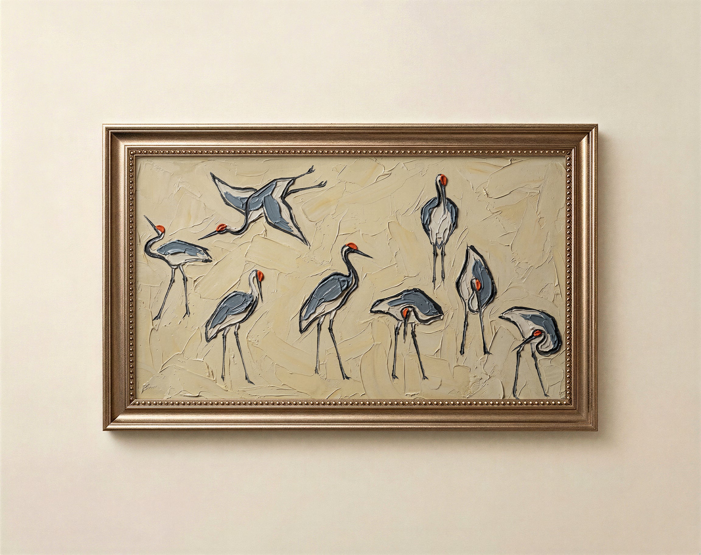 Crane Bird Frame TV Art, Neutral Tones Organic Modern