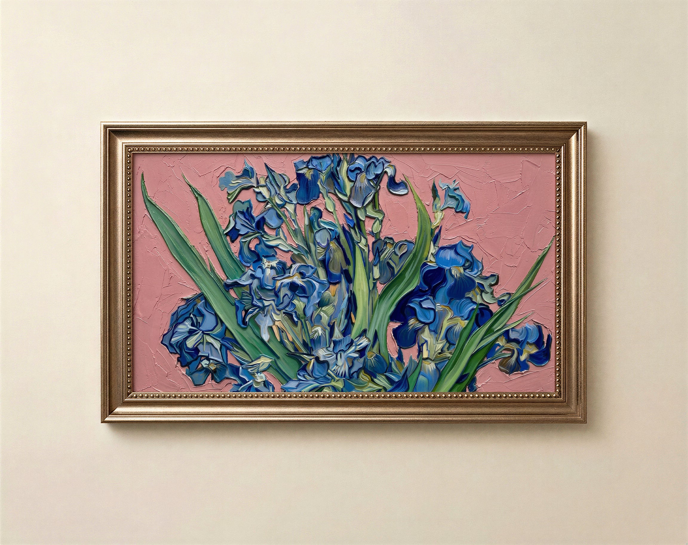 Textured blue iris floral art for Frame TV in deep cobalt and warm dusty rose tones