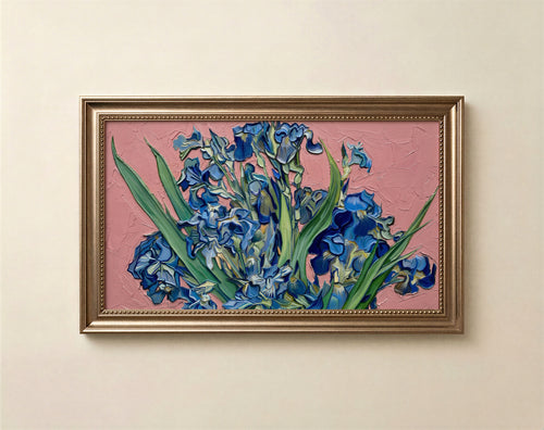 Textured blue iris floral art for Frame TV in deep cobalt and warm dusty rose tones