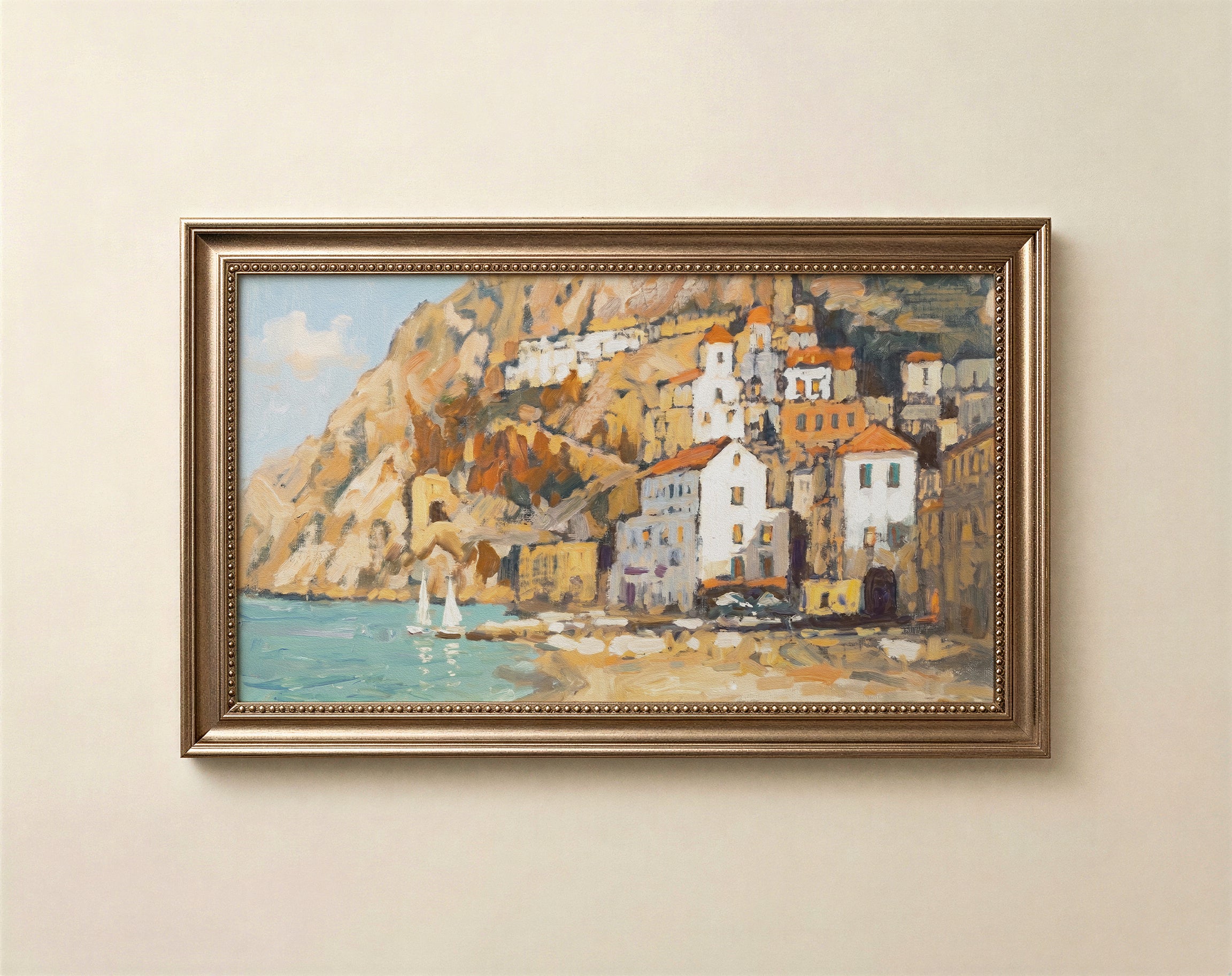 Painterly Amalfi Coast landscape art for Frame TV in warm terracotta and turquoise summer tones