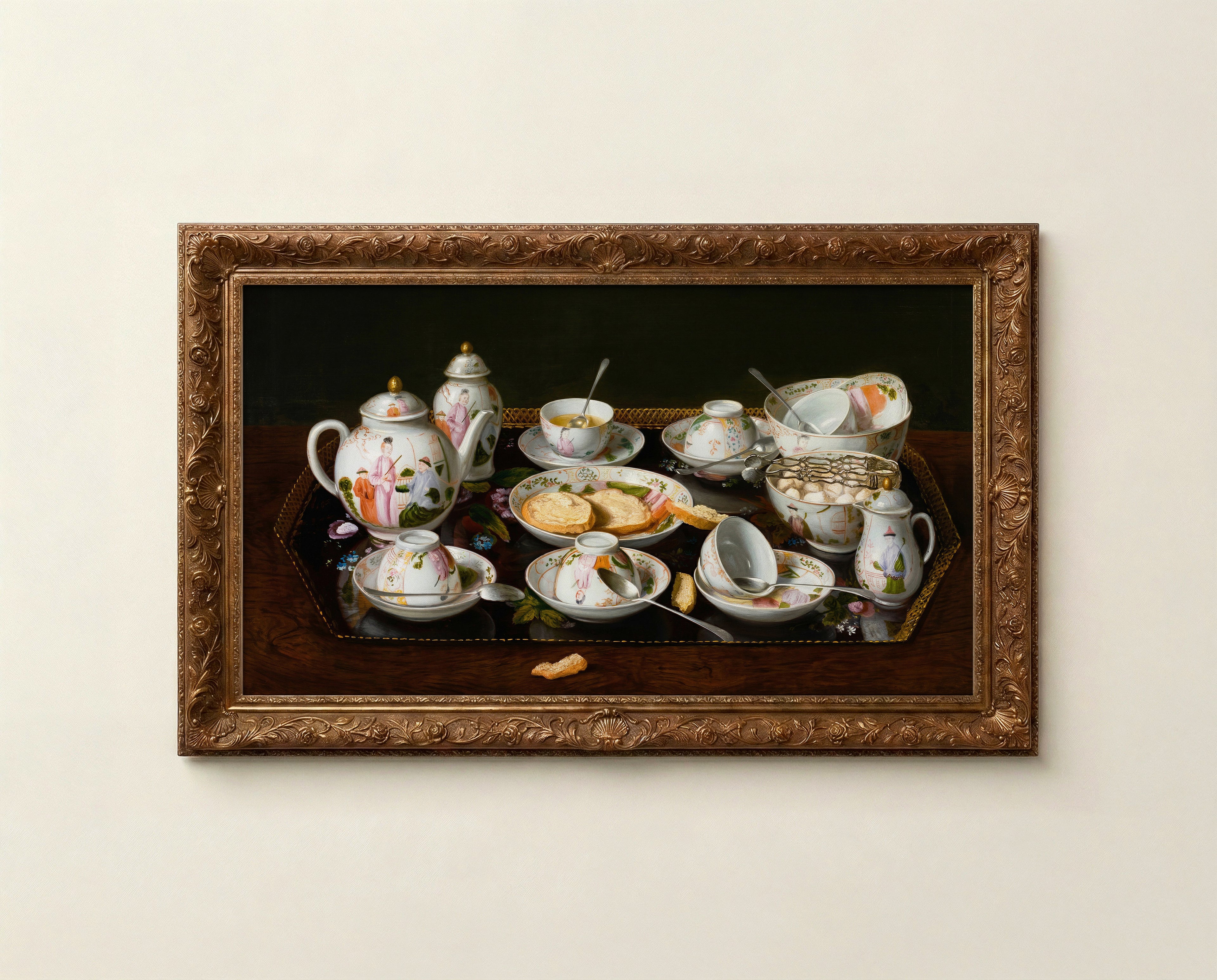 Vintage chinoiserie tea set still life art for Frame TV in deep forest green and antique gold