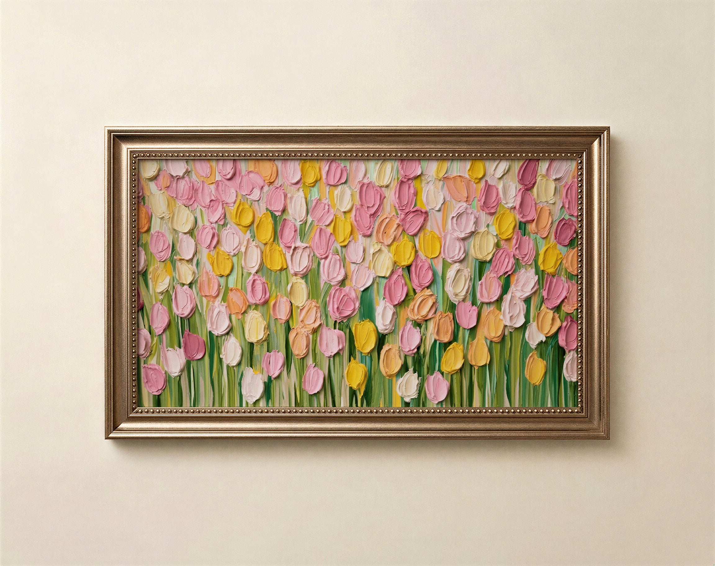 Textured tulip floral art for Frame TV in soft pink yellow and peach spring tones