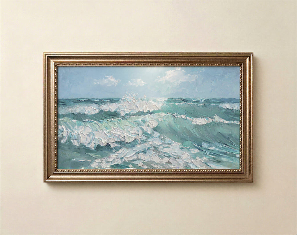 Textured ocean waves art for Frame TV in soft teal chalky white and pale sky blue