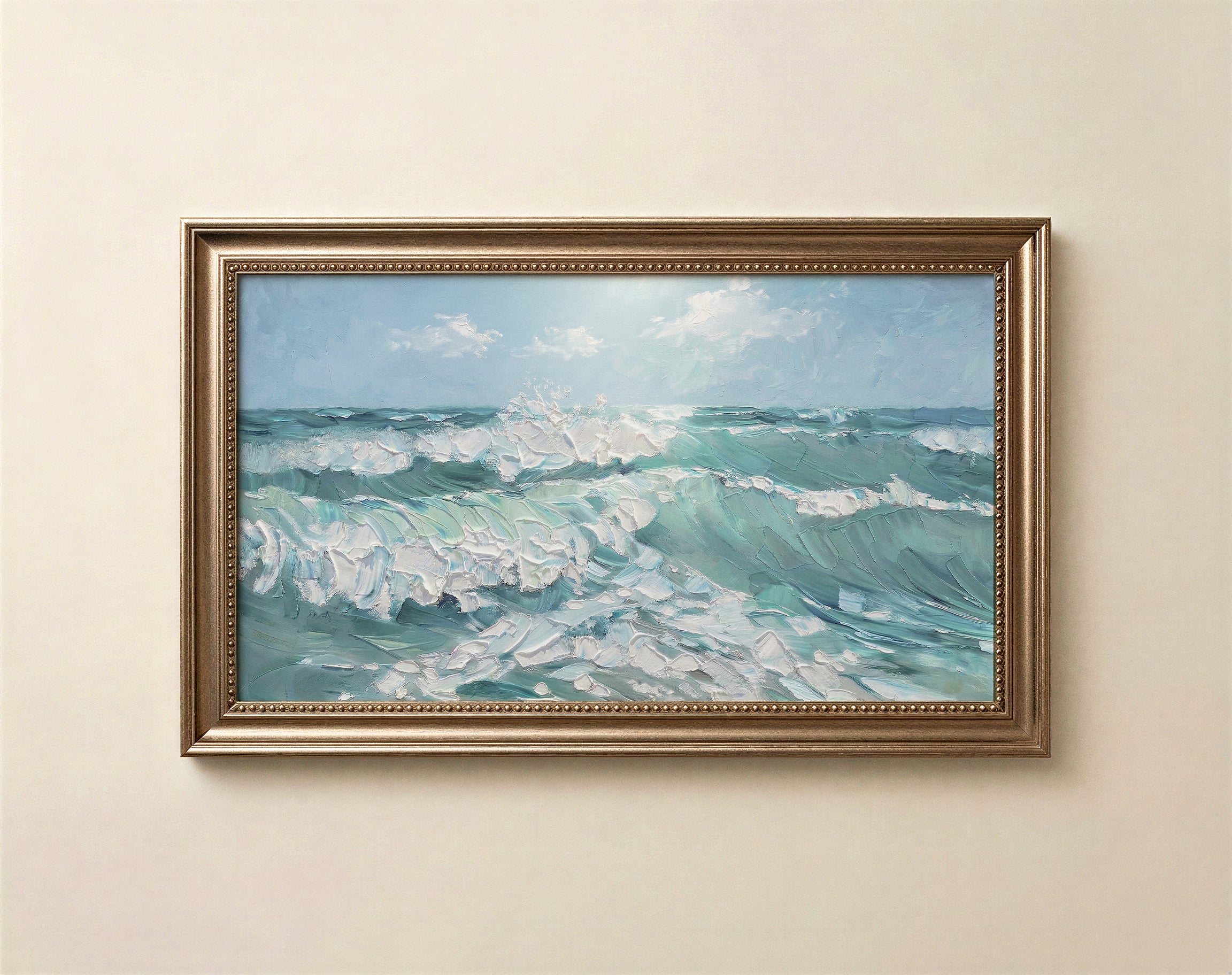 Textured ocean waves art for Frame TV in soft teal chalky white and pale sky blue