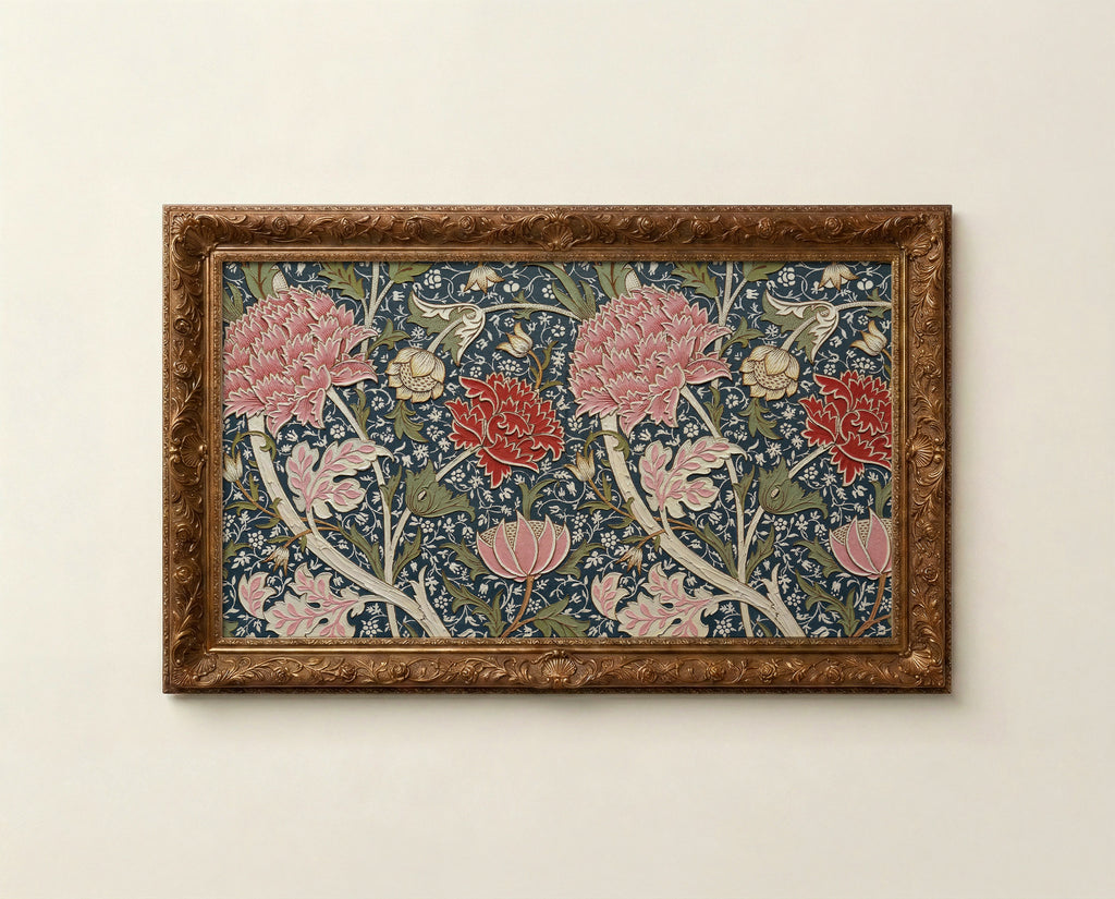 William Morris style floral art for Frame TV in deep navy dusty rose and aged sage tones
