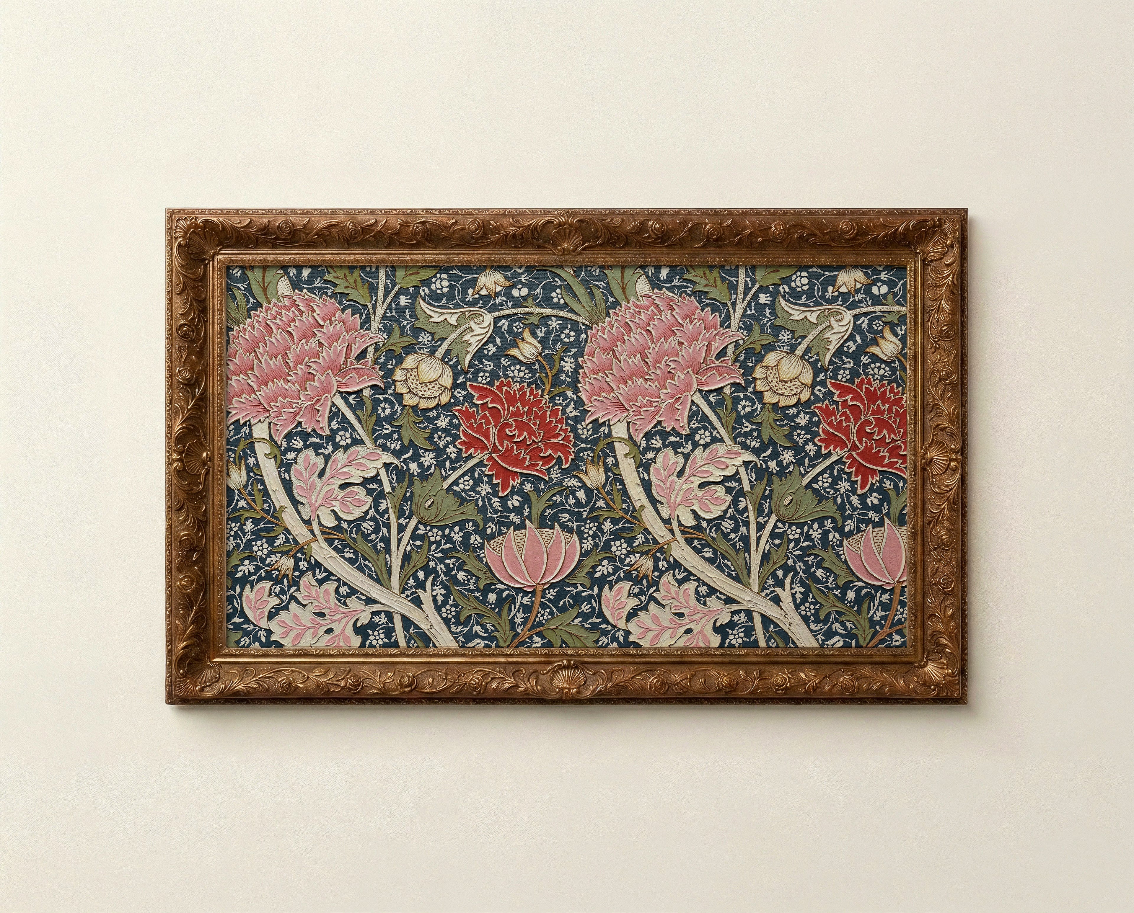 William Morris style floral art for Frame TV in deep navy dusty rose and aged sage tones

