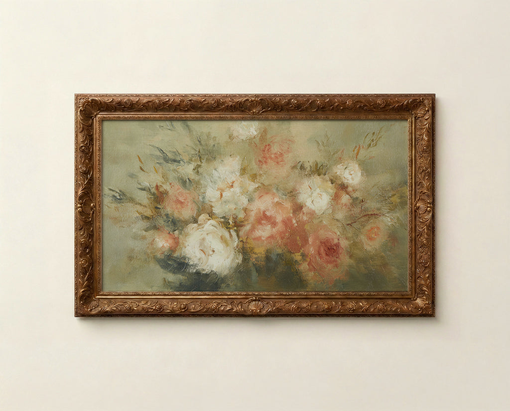 Muted vintage rose floral art for Frame TV in soft pink chalky white and warm sage tones
