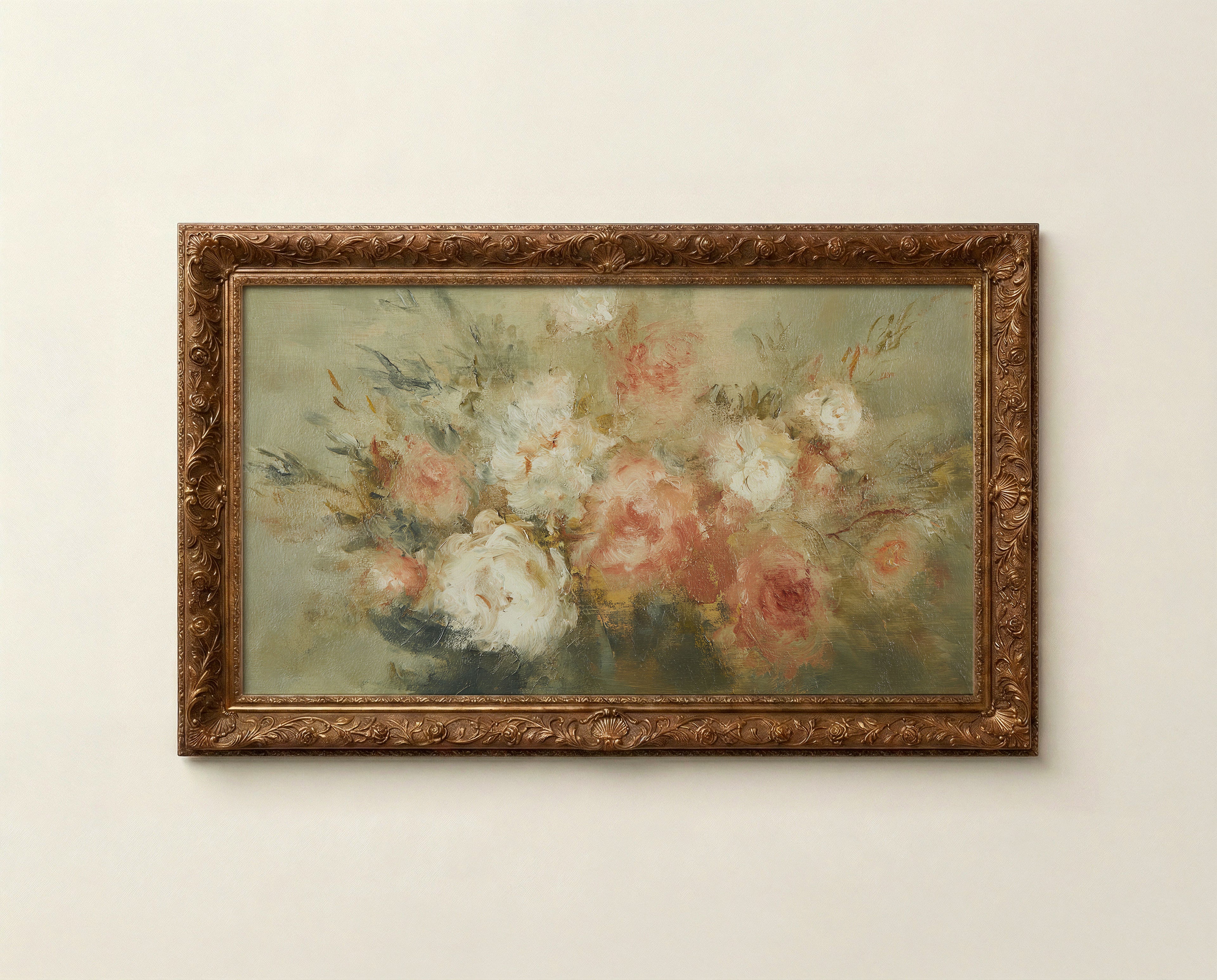 Muted vintage rose floral art for Frame TV in soft pink chalky white and warm sage tones
