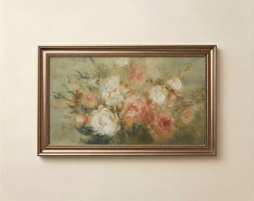 Muted vintage rose floral art for Frame TV in soft pink chalky white and warm sage tones