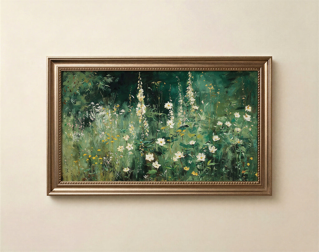 Painterly green meadow wildflower art for Frame TV in deep emerald with white and yellow blooms