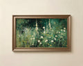 Painterly green meadow wildflower art for Frame TV in deep emerald with white and yellow blooms