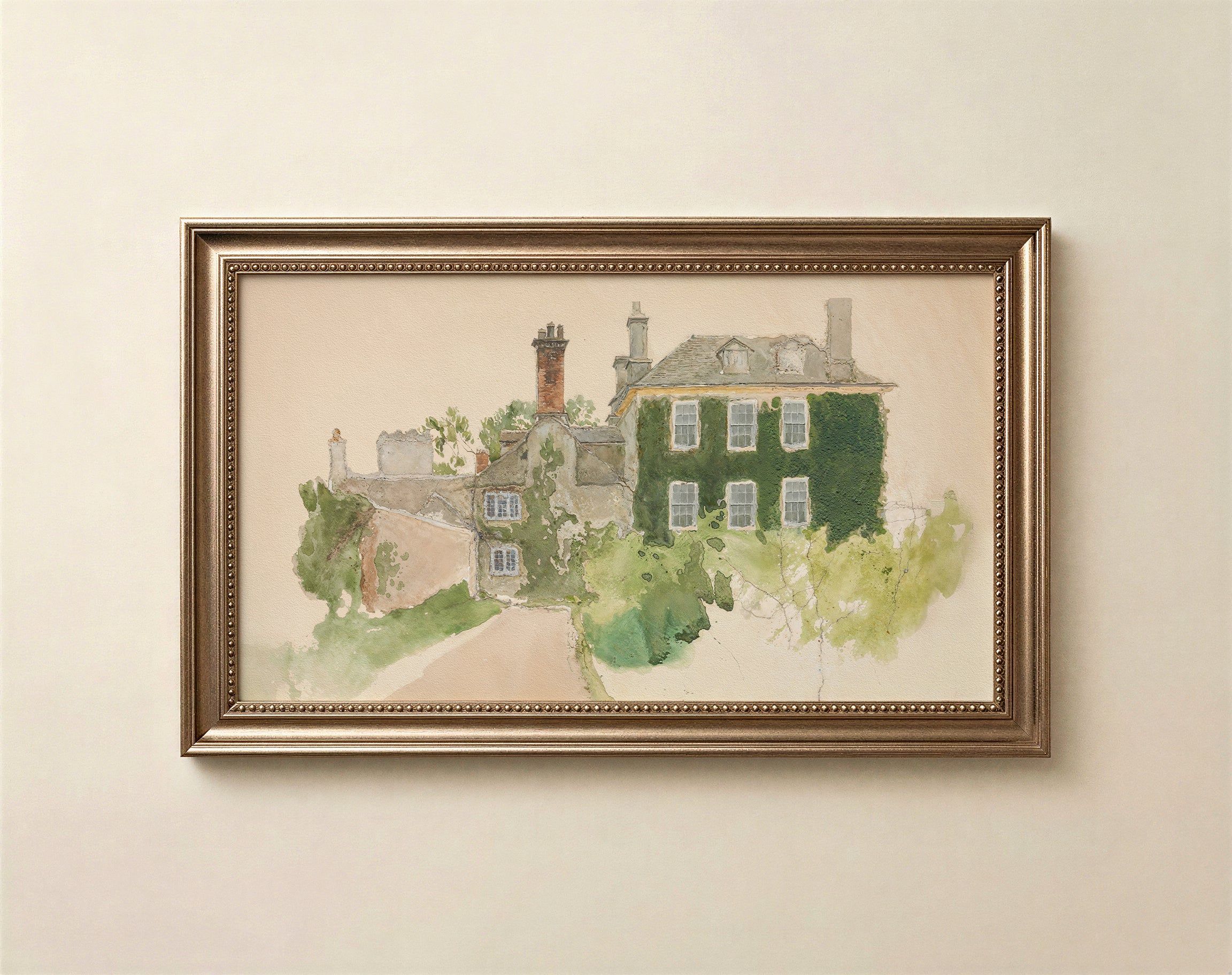 Watercolour European cottage art for Frame TV in soft blush and deep moss green
