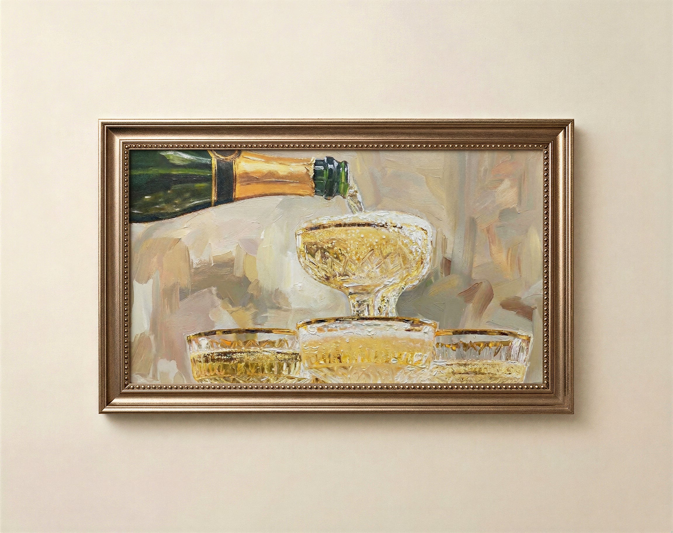 Painterly champagne still life art for Frame TV in warm antique gold and soft linen tones