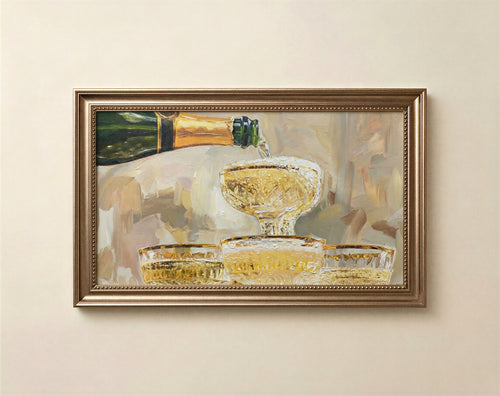 Painterly champagne still life art for Frame TV in warm antique gold and soft linen tones