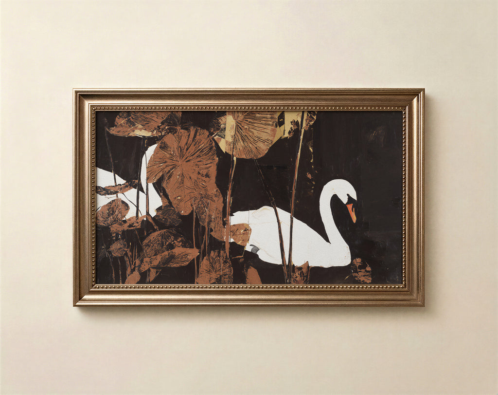 Moody swan art for Frame TV in inky black and burnished copper botanical setting