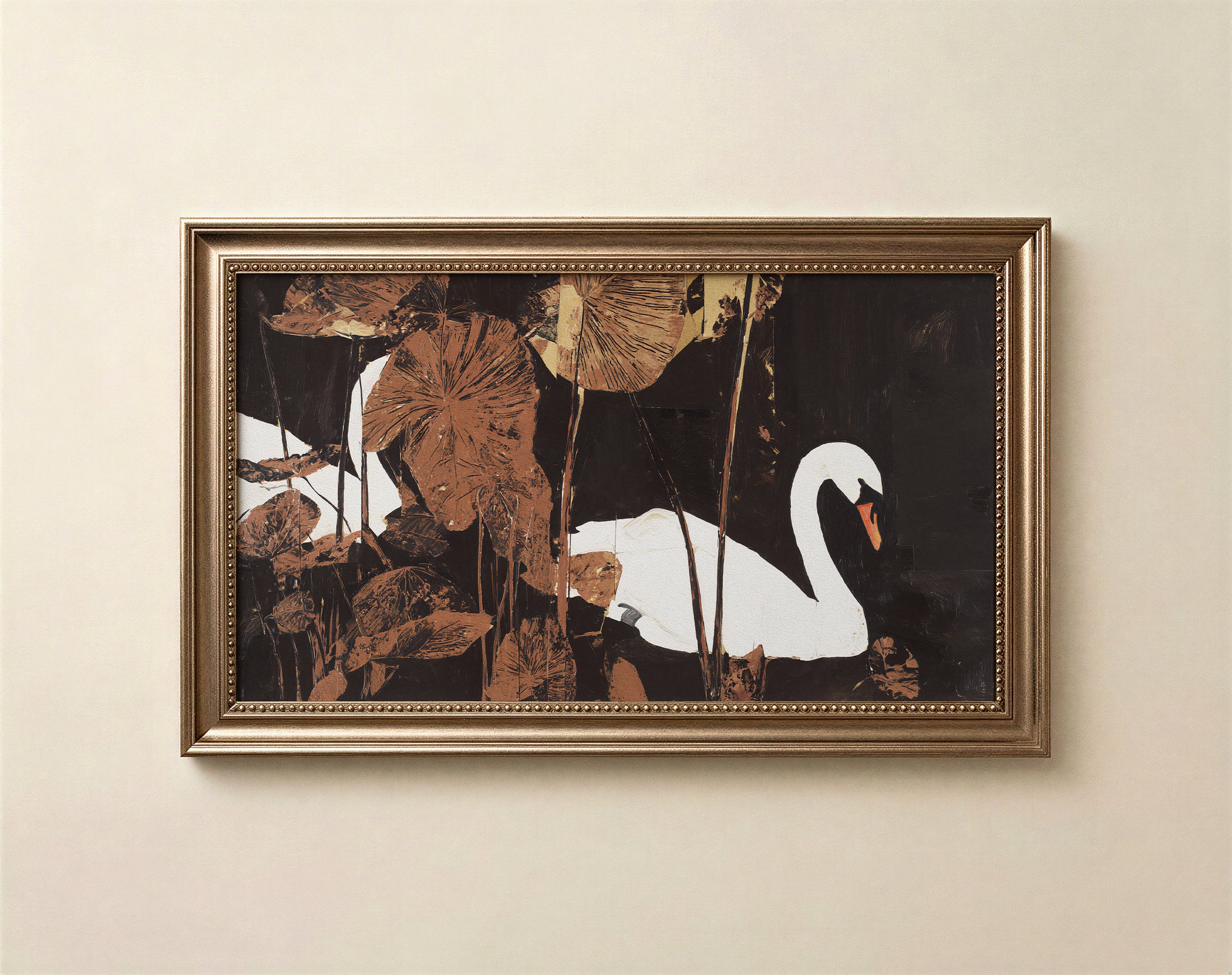 Moody swan art for Frame TV in inky black and burnished copper botanical setting