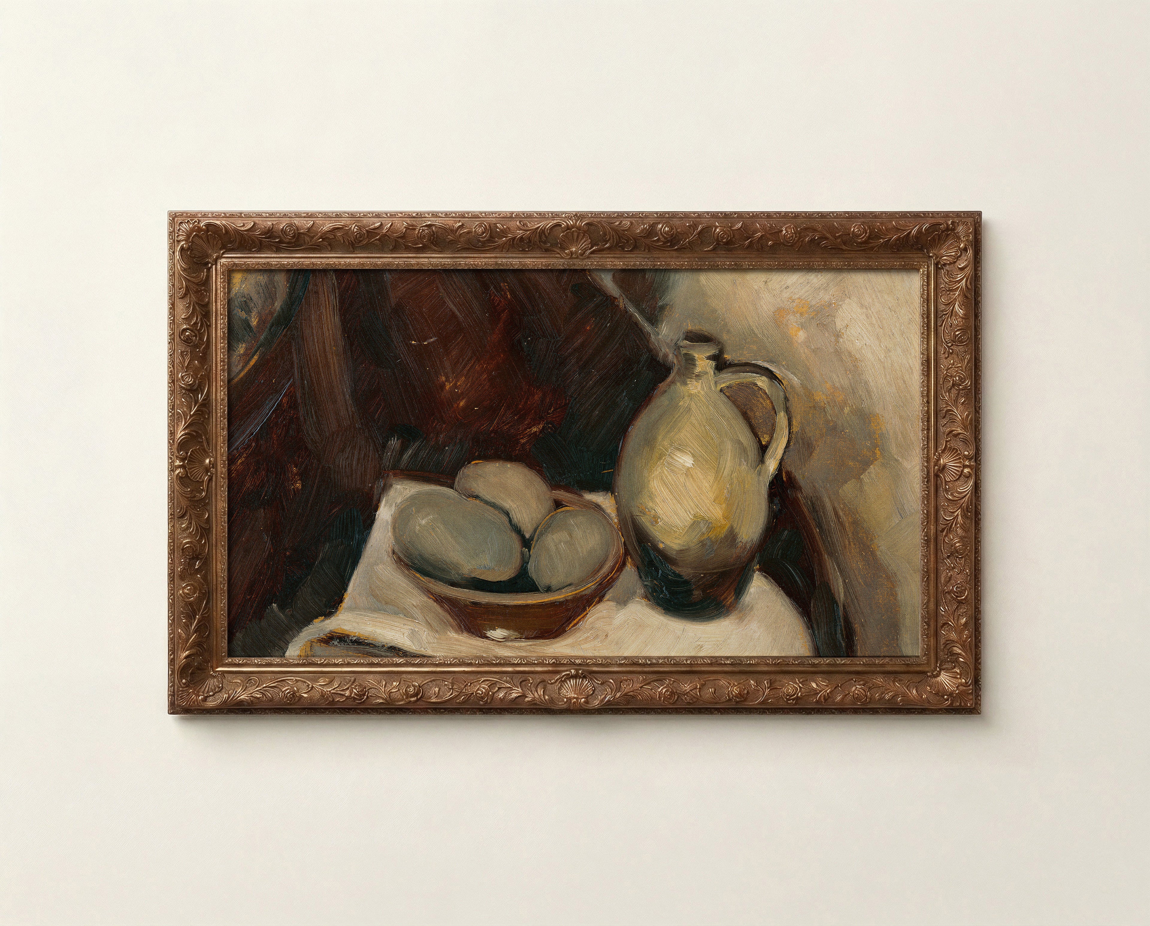 Moody still life oil painting art for Samsung Frame TV in dark warm earthy tones